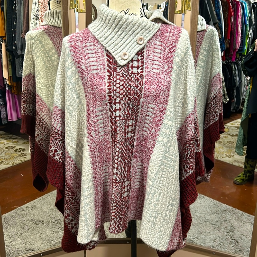 Christopher & Banks Knitted Burgundy Fringe Poncho/Cape, Size One Size